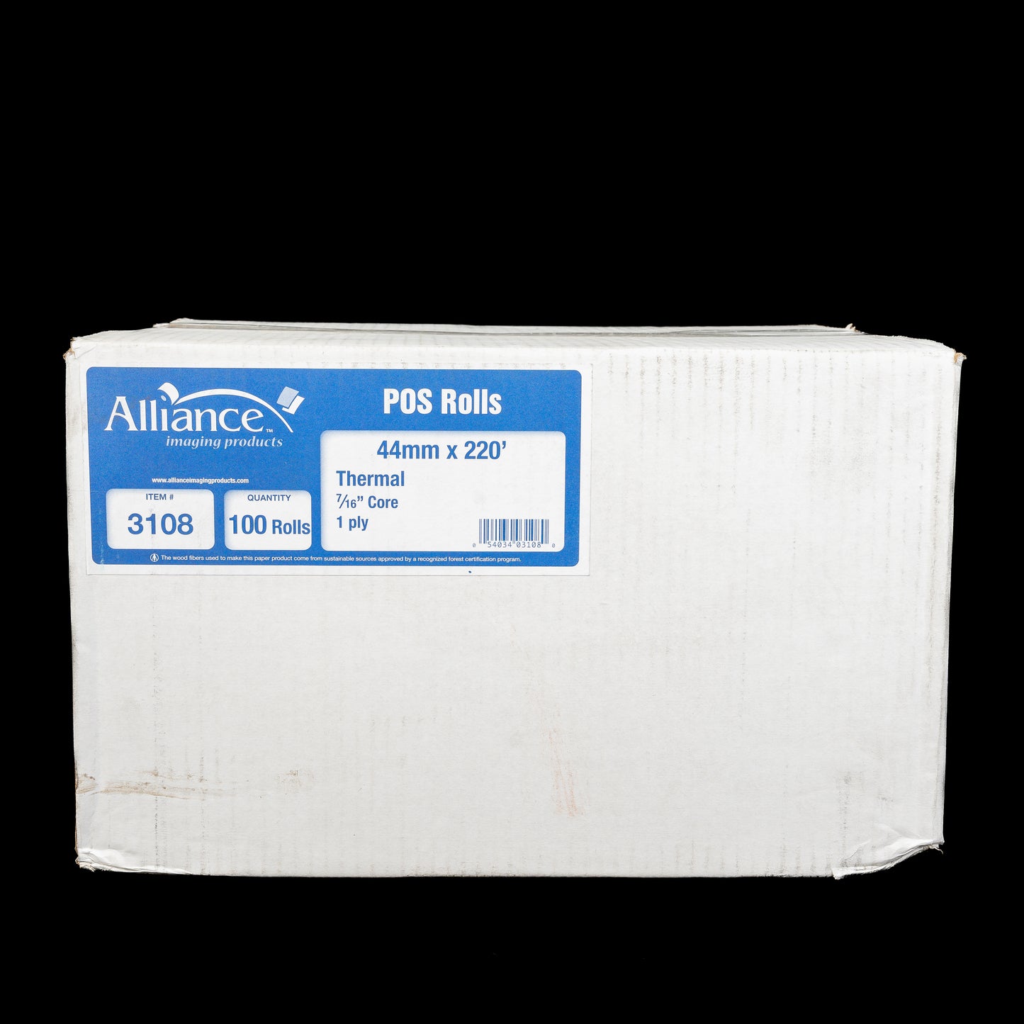 Alliance POS Rolls Thermal 7/16" Core 1 Ply 44mm x 200' 100 Rolls