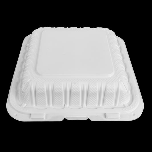 "8x8" 3-Compartment Microwaveable White Mineral-Filled Plastic Hinged Take-Out Container (Ecopax) - 150/Case