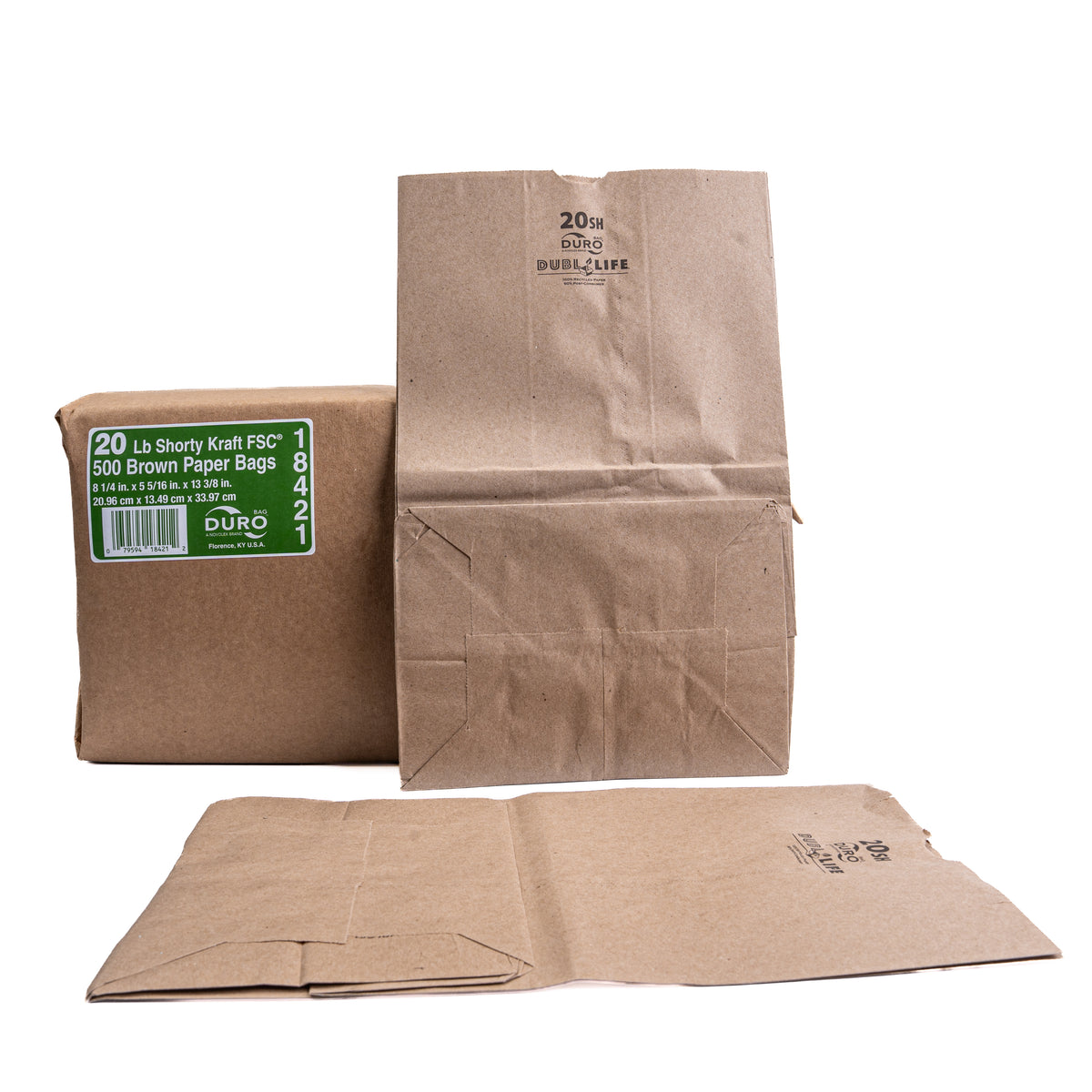 Duro 20 LB Shorty Kraft FSC Brown Paper Bags 500 18404