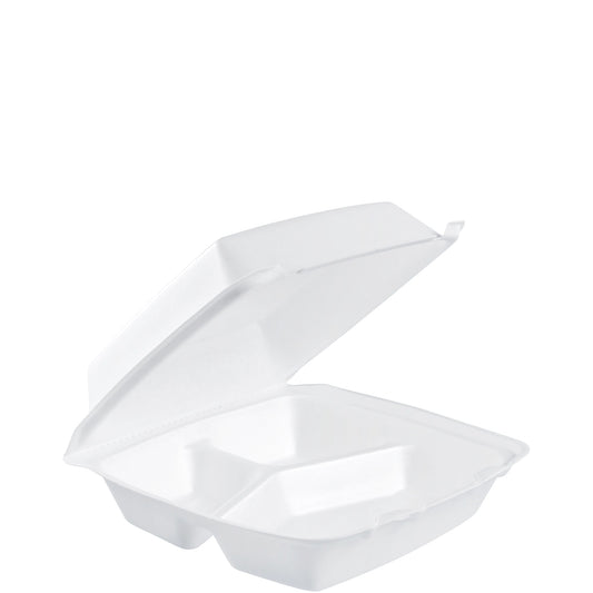 Dart 8x5in 3-Compartment Medium Foam Container w Removable Lid White 85HT3R-200