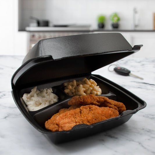 Dart 8.5in Foam 3-Compartment Container with Removable Lid Black 85HT3-200