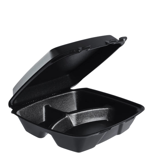 Dart 9in XPS Foam 3-Compartment Container with Removable Lid Black 90HT3-200