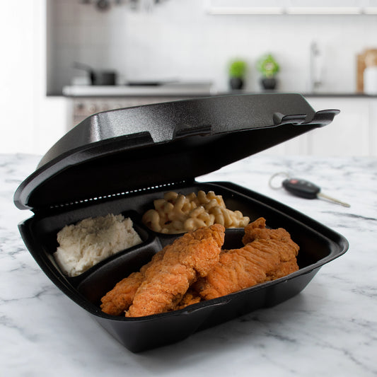 Dart 9in XPS Foam 3-Compartment Container with Removable Lid Black 90HT3-200