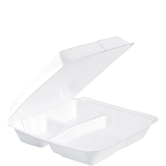 Dart 9.5in 3-Compartment Foam Container w Removable Lid White 95HT3R-200