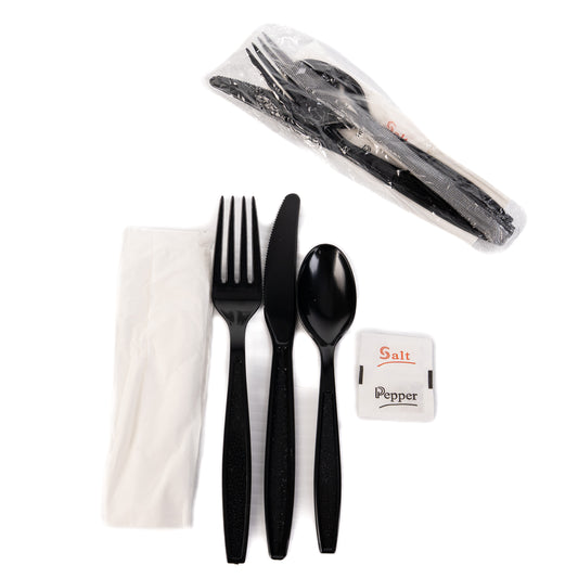 Black Polypropylene Plastic Cutlery Set with Napkin and Salt and Pepper Packets(Picnik Sets Negros)