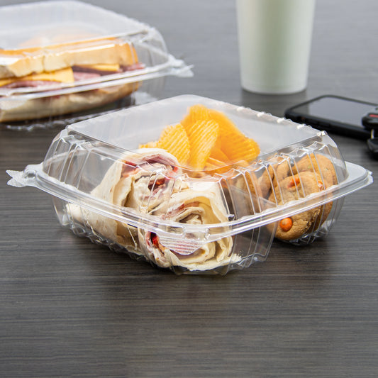 Dart 8.3in Square Plastic 3-Compartment Food Container Clear C90PST3