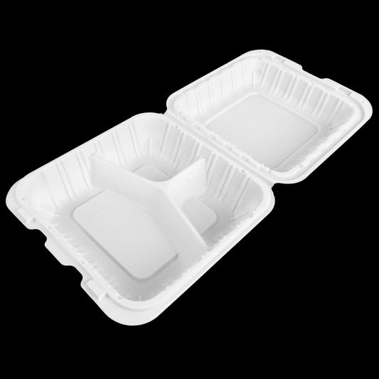 "8x8" 3-Compartment Microwaveable White Mineral-Filled Plastic Hinged Take-Out Container - 150/Case