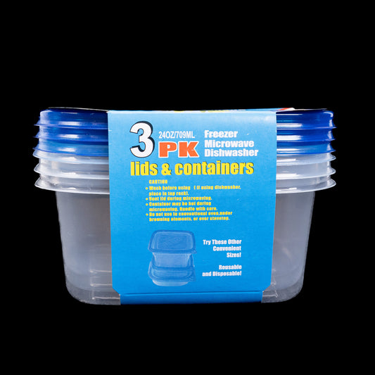 Plastic Food Mid Rectangular Containers 3pk Tuppers 24oz Azul