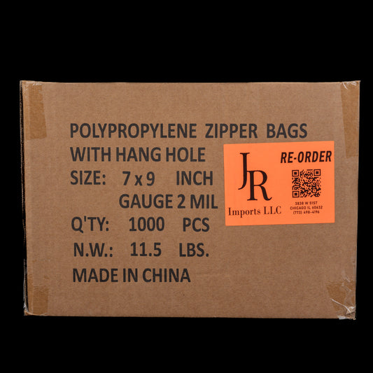 JR Imports 7x9 Polypropylene Zipper Bags with Hang Hole 2Mil / 1000pcs