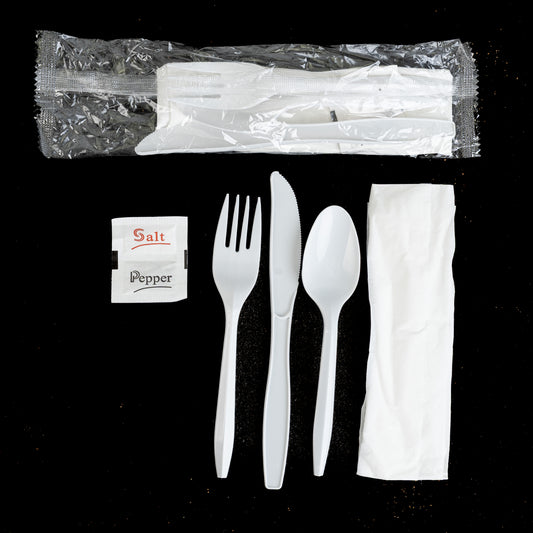 White Polypropylene Plastic Cutlery Set with Napkin and Salt and Pepper Packets(Picnic Sets)