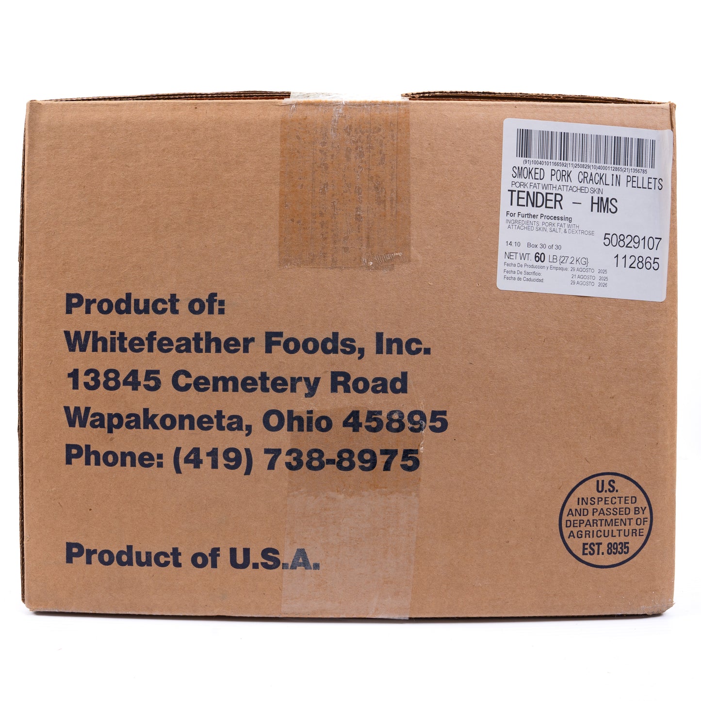 Whitefeather Smoked Pork Cracklin Pellets 60 Lbs Box